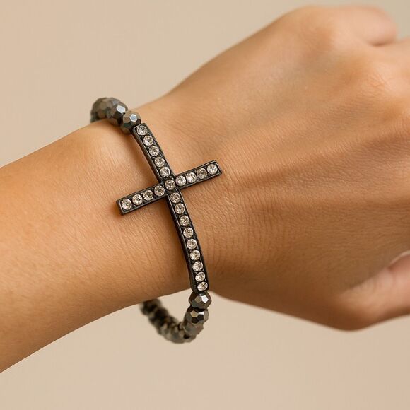 Rhinestone Cross Stretch Bracelet with Metallic Beads Silver - Picture 1 of 9